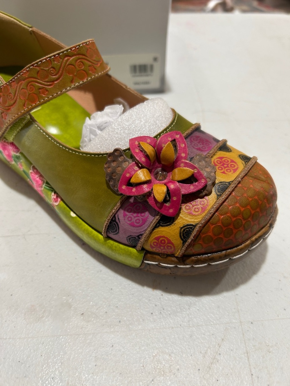 Women's Green Multicolor Floral Leather Sandal with Decorative Flower